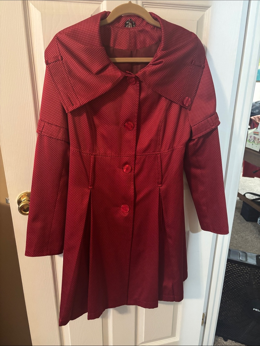Red Polka Dot Trench Coat with Wide Notch Collar missing belt